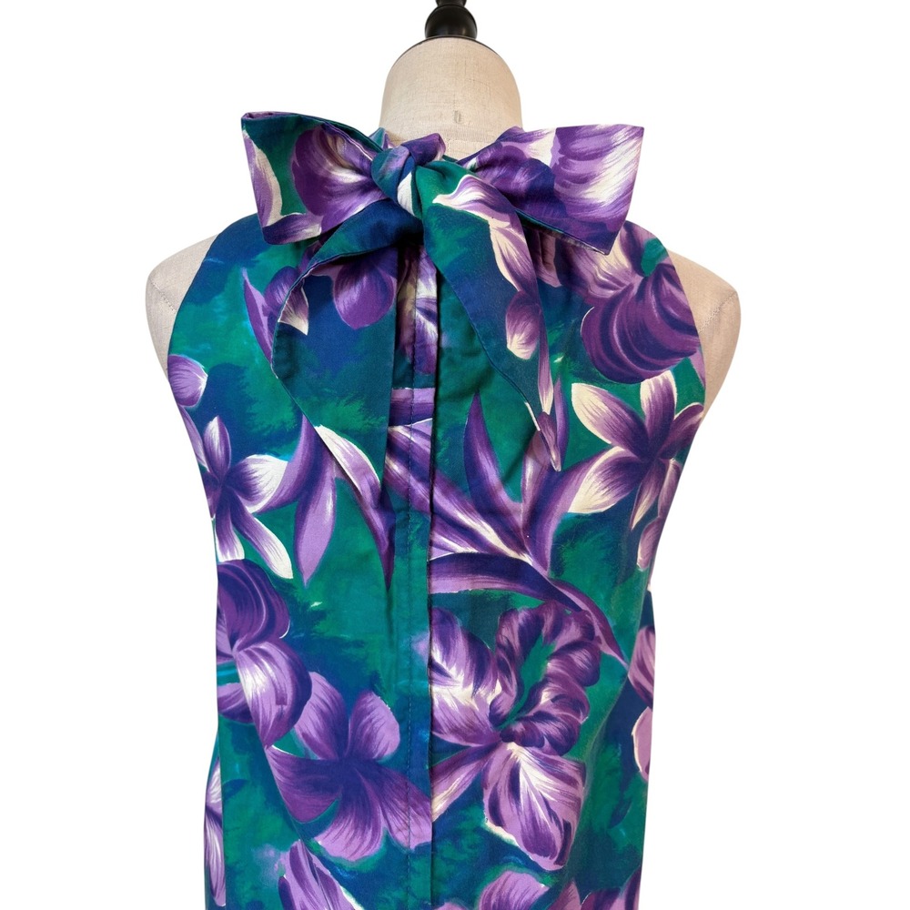 Vtg 60s 70s Fashions of Hawaii‎ Dress Women sz s/m Teal Purple Floral Bow resort - Picture 6 of 7
